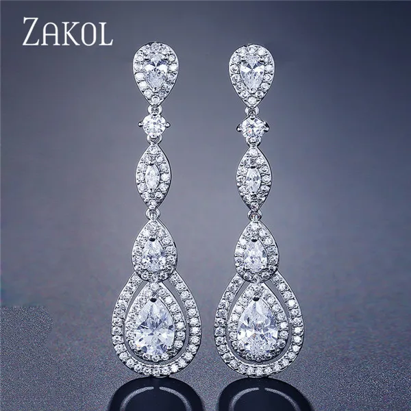 White ZAKOL Роскошные висячие серьги с кубическим цирконием, длинные висячие элегантные серьги для женщин, свадебные ювелирные изделия FSEP2114 - Окраска металла: White