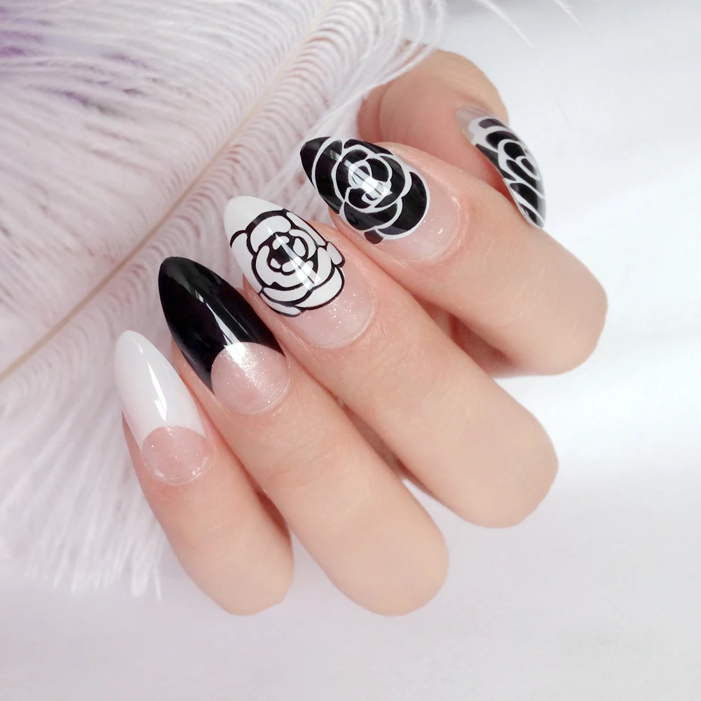 

24Pcs French Short Stiletto False Nail Black White Rose Artificial Fake Nails With Design Lady DIY Finger Tip Manicure Tools
