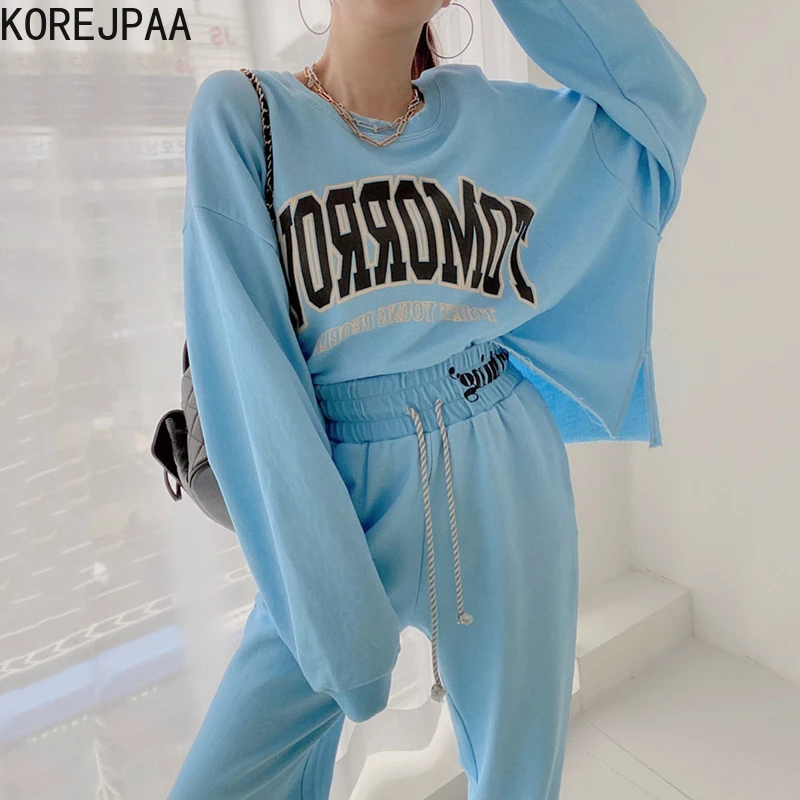 

Женский костюм из двух предметов, корейский простой свитер с круглым вырезом и надписью, брюки с высокой талией и завязкой на штанинах, осен...