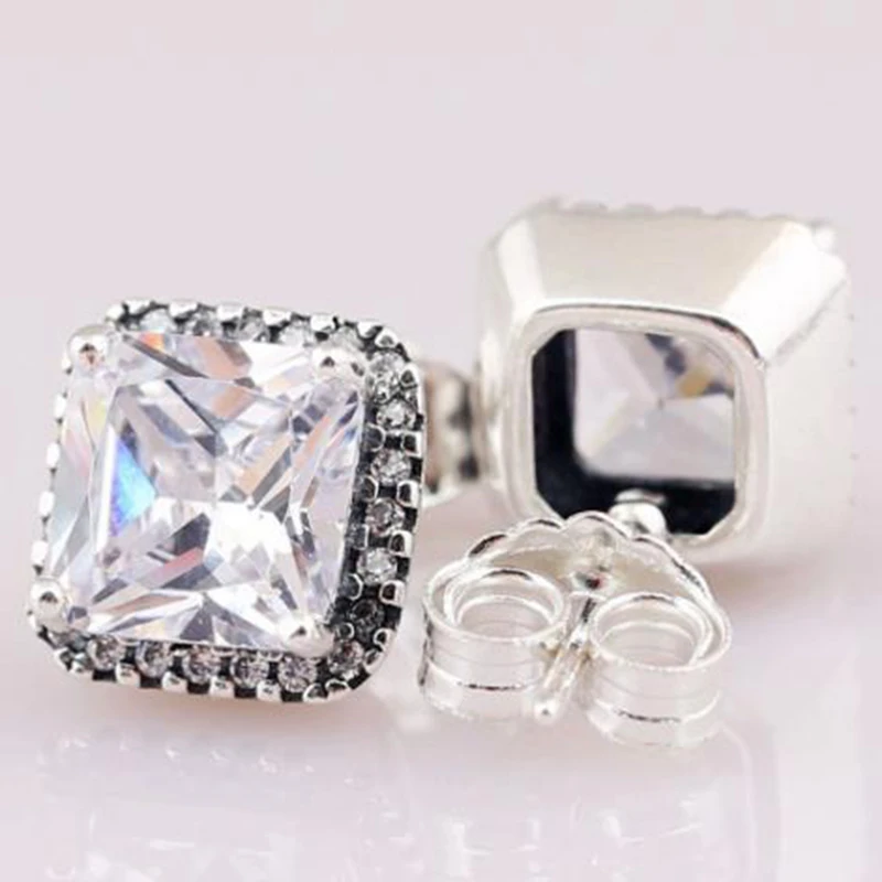 

Original 925 Sterling Silver Pan Earring Silver Square With Crystal Earrings For Women Wedding Gift Fashion Jewelry