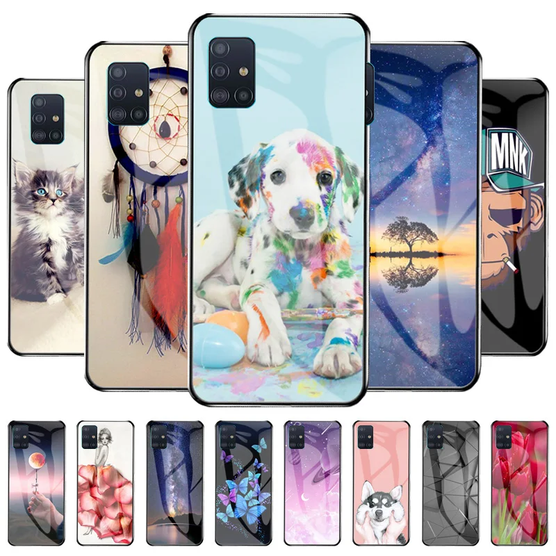 

For Samsung M40s Case Tempered Glass Case Fundas On Samsung Galaxy A51 4G M40s Cover Flower Animal Painted Shell Fundas