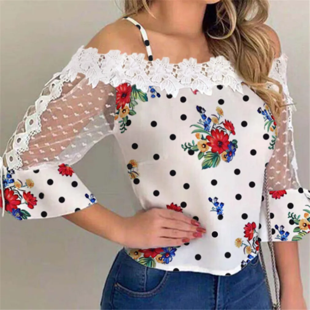 

2021 Women Fashion Elegant Spotted Printed Blouse Sexy Chic Off Shoulder Gauze Stitching Lace Sleeve Top Shirt Casual Lady Blusa