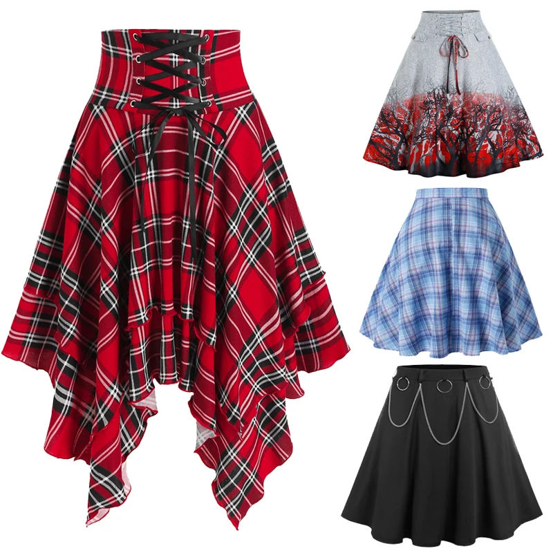 Christmas Women's Clothing Gothic Studded High Waisted Plaid Mini A Line Skirt  Solid Party Dress Rivet 5XL
