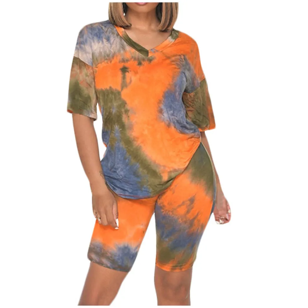 

clothing Womens Tie-Dye tracksuit Short Sleeve V-Neck Tops Beach Shorts Summer Sports Casual Set sweatshirt suits Sportswear