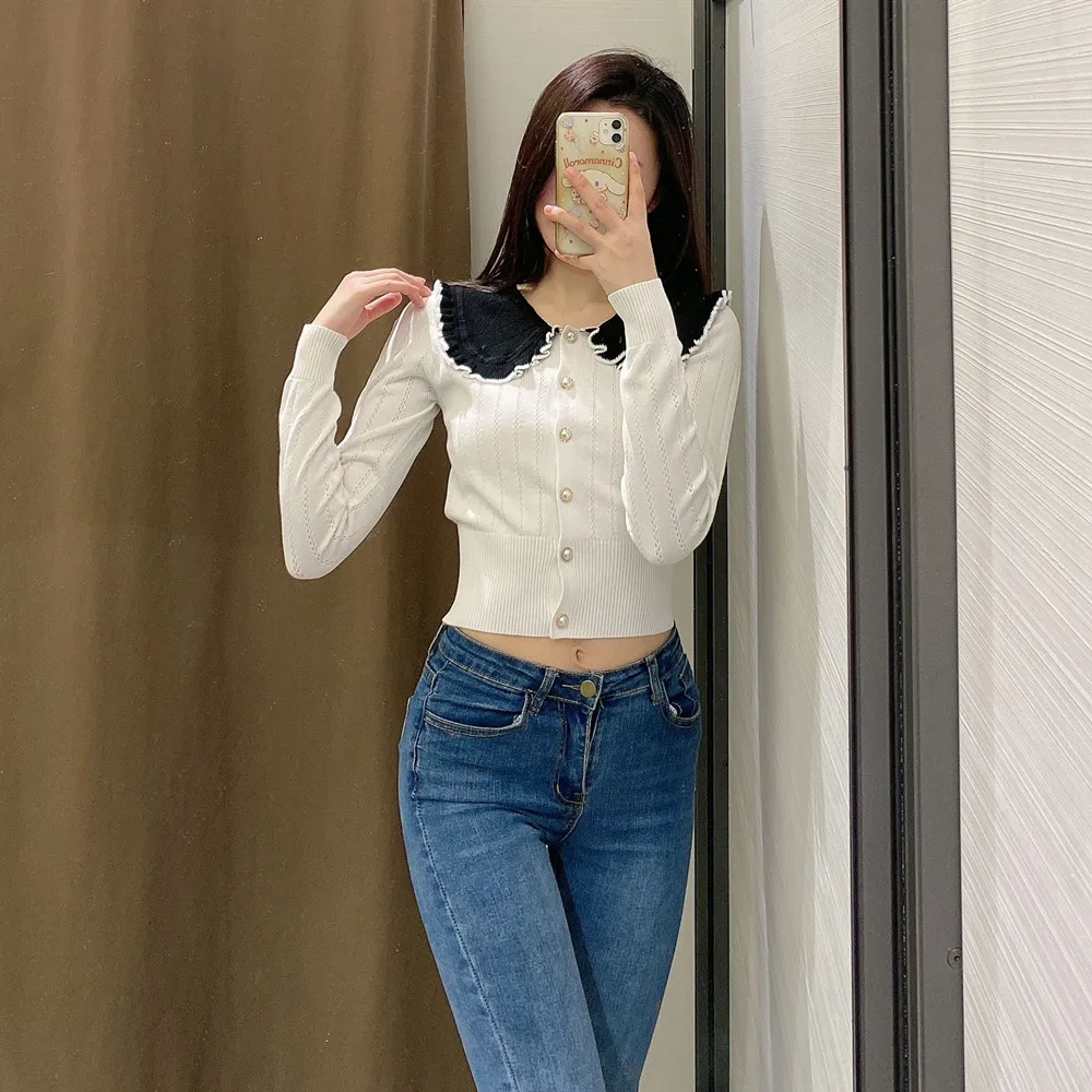 

Зимняя одежда, вязаный хлопковый топ с длинными рукавами, пуловер с воротником с оборками, Дамский свитер с лацканами