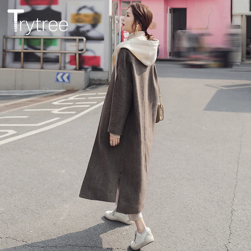 Trytree/осенне-зимнее женское повседневное пальто на молнии с капюшоном и карманами