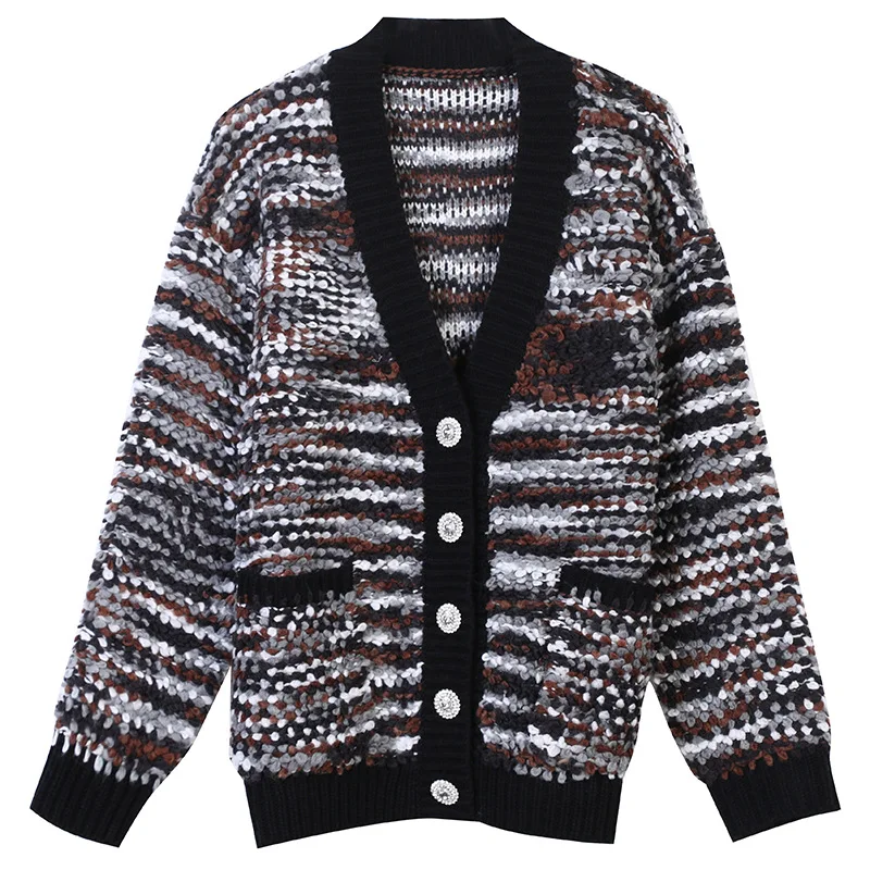 

Бренд Дизайн 2020 осень зима женский длинный рукав v-образный Вырез Свободный двойной карман Вязаный Кардиган Куртка подиумный Рождественски...