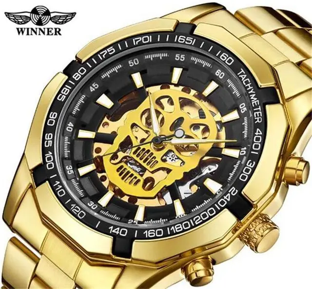 Новая мода Победитель механические часы для мужчин череп дизайн роскошный