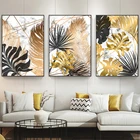 Картина на холсте с изображением золотых листьев в скандинавском стиле, плакаты и принты с цветочным ботаническим мотивом, Настенная картина для гостиной, украшение для дома