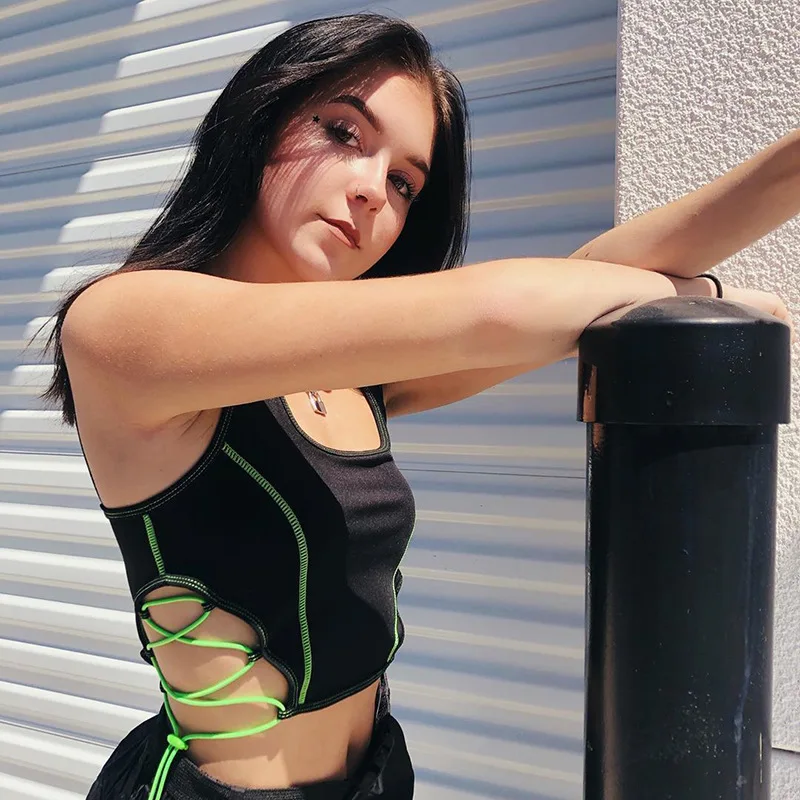 

DUAYR 2021 Summer Sleeveless Tank Tops Y2k Neon Thread Tie Up Hollow Out Crop Top Sexy Black Contrast Women's Top топик женский