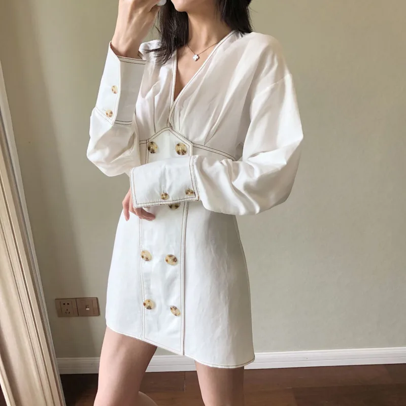 LANMREM одноцветное v образный вырез яркая линия длинный рукав двубортное женское