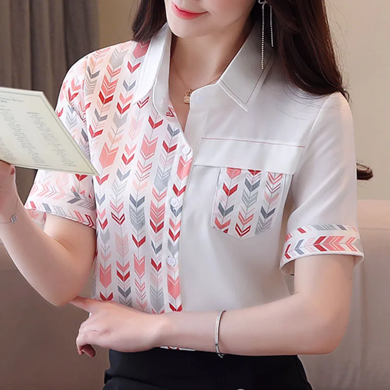 

Blouse Women Blusas Mujer De Moda 2021 Turn Down Collar Office Lady Blouse Shirt Short Sleeve Print Chiffon Blouse Tops D181