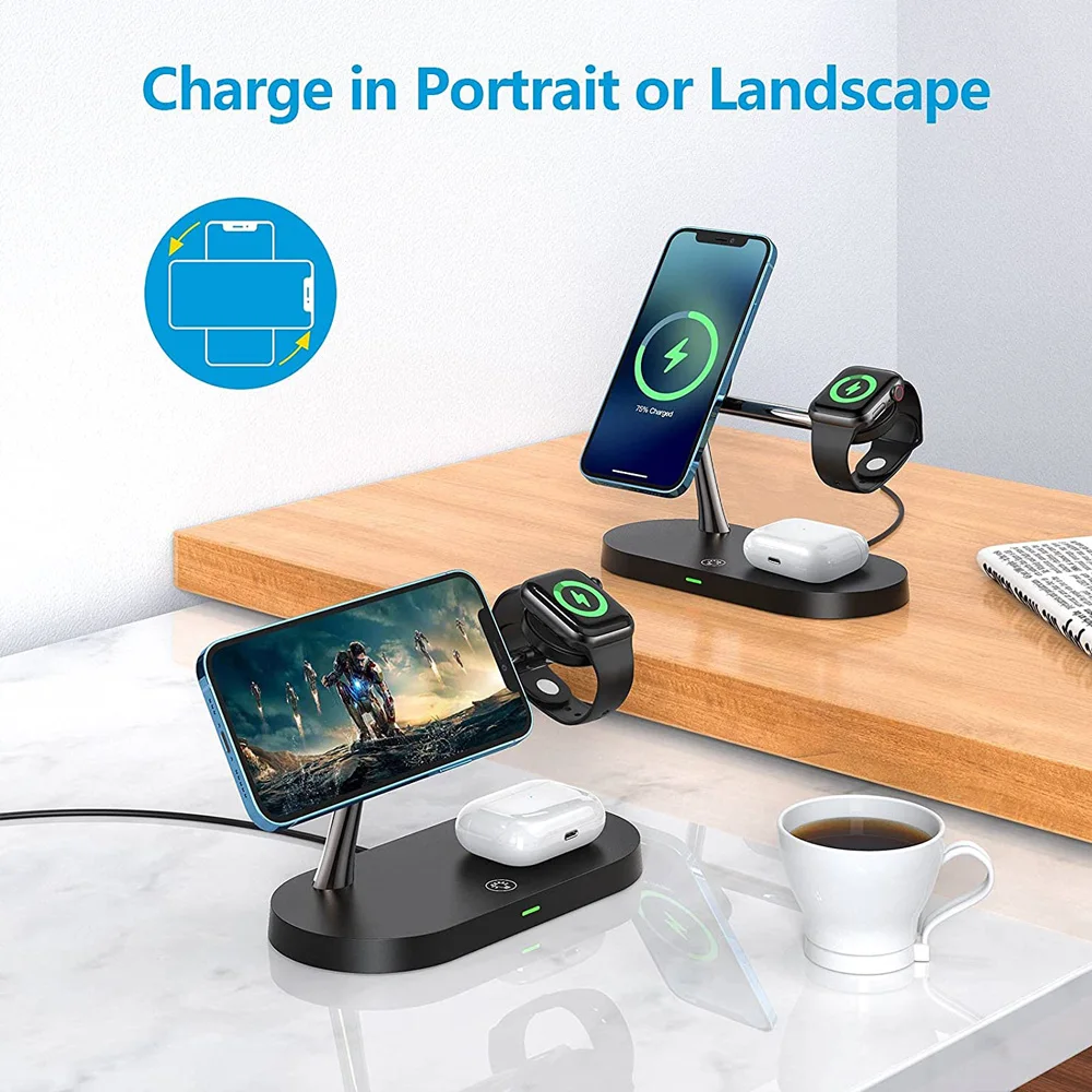 Cargador inal&aacute;mbrico 3 en 1 para iPhone 12 Pro Max, soporte magn&eacute;tico para tel&eacute;fono, Apple Watch, Airpods Pro, cargadores inal&aacute;mbricos de inducci&oacute;n-3