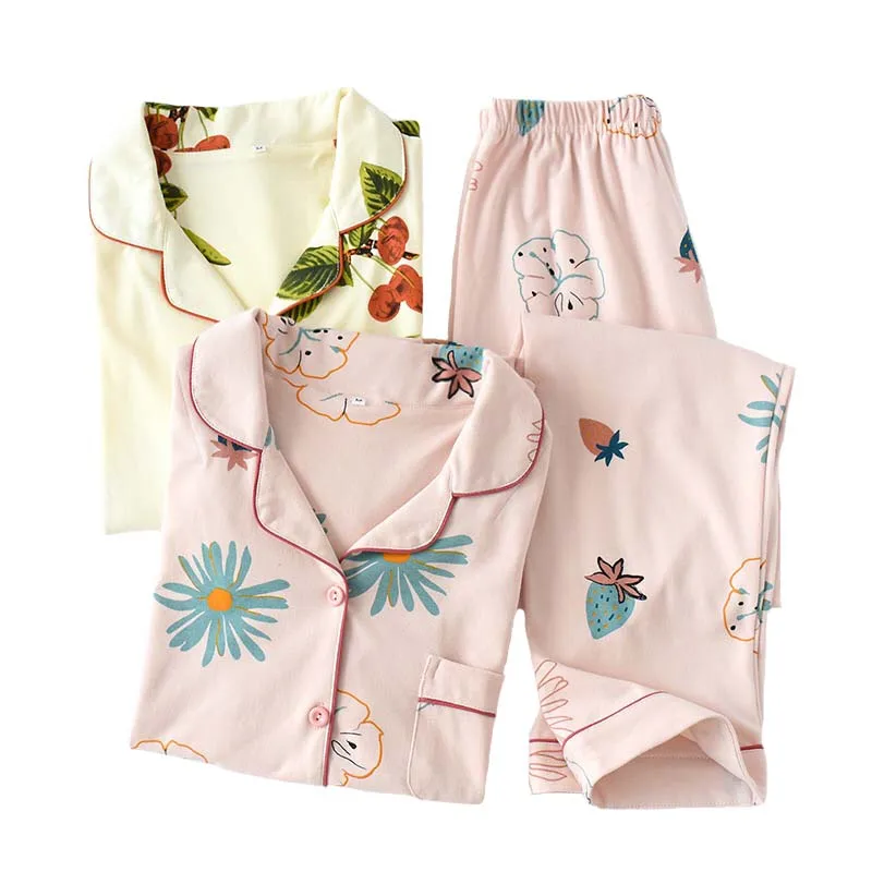 Осенне осенний женский пижамный комплект с цветочным принтом Удобная Хлопковая