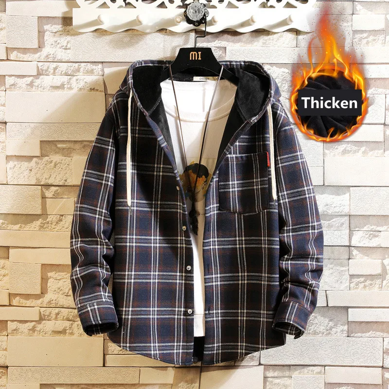 Новинка 2021 Осень-зима Мужская Флисовая хлопковая рубашка в клетку с капюшоном и