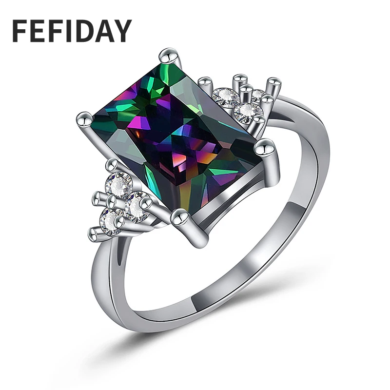Женское кольцо с мистическим кристаллом FEFIDAY обручальное радужным камнем