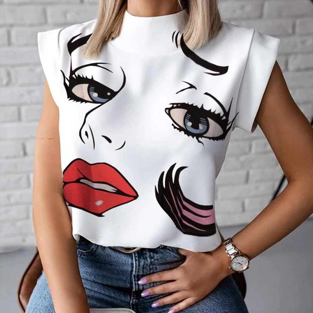 Женская футболка с короткими рукавами белая Повседневная водолазка принтом лето