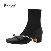 brangdy women ankle sock boots genuine leather spring autumn square toe women pumps pearl butterfly knot women mary jean shoes