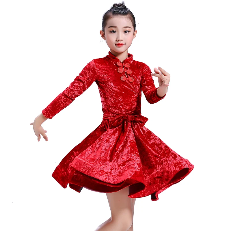 

2019 New winter Children's dresses for girls long sleeve Latin dance dress velvet stage ballroom competition Cheongsam dress