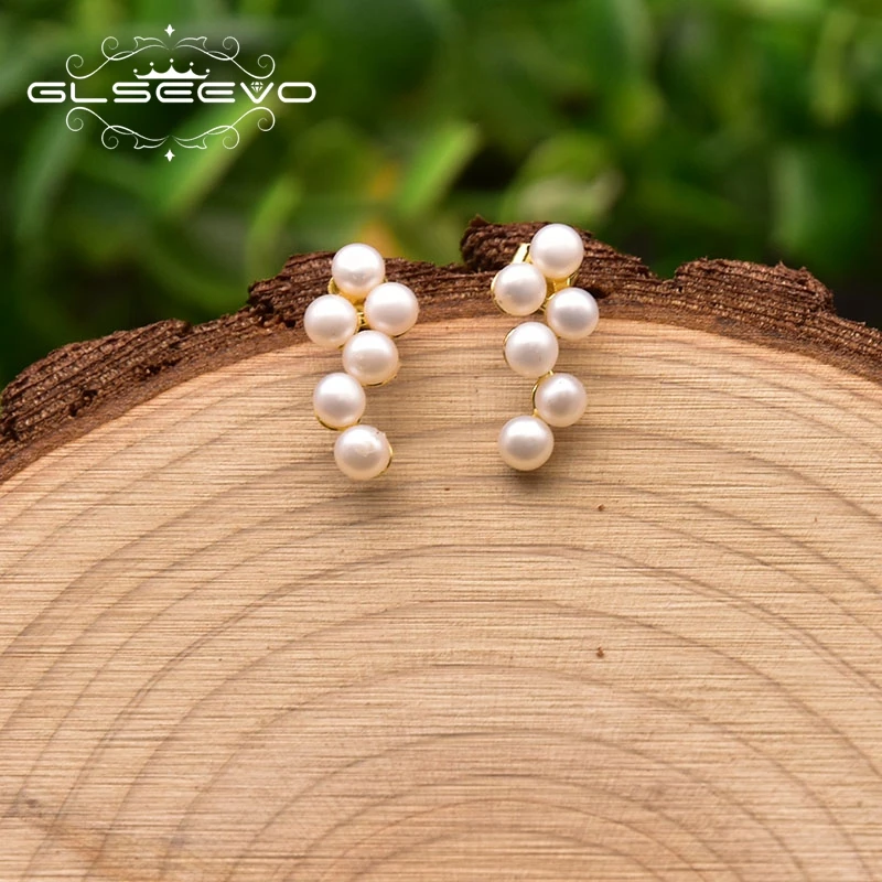 

GLSEEVO Handmade Natural Freshwater Pearl Stud Earrings For Women Anniversary Gift 925 Silver Fashion Jewelry GE1034