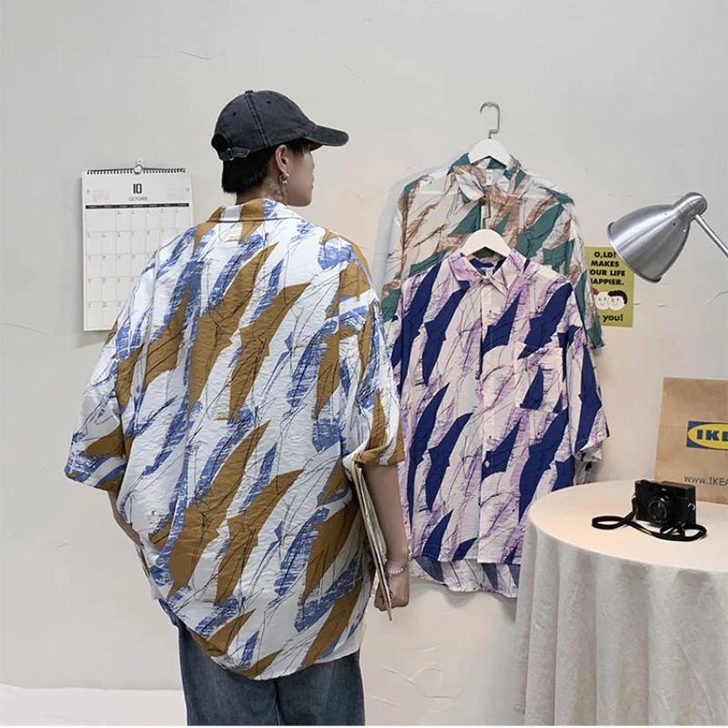 

Mens Shirts Couple Gradient Color All-match Streetwear Ins Trendy Casual Fashion Printed Japanese Style Chic Breathable Harajuku