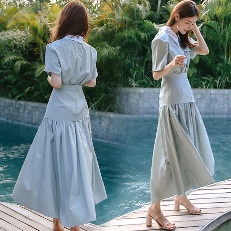 Корейское летнее новое женское длинное платье хлопковое приталенное с высокой