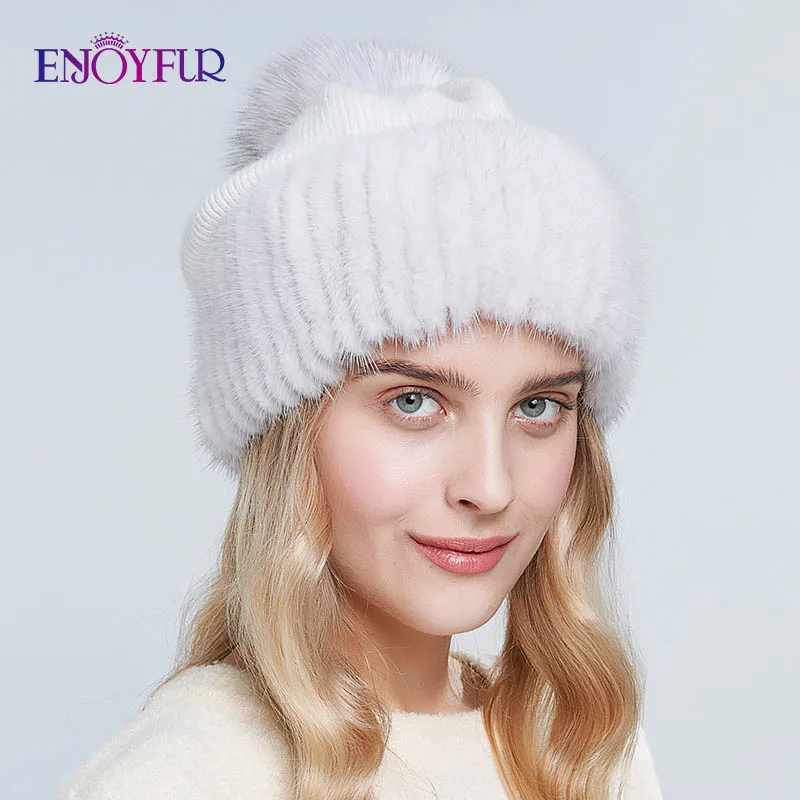 ENJOYFUR, зимние шапки из меха норки и шерсти для женщин, теплые модные женские шапки с большим помпоном, Новые однотонные вязаные шапки