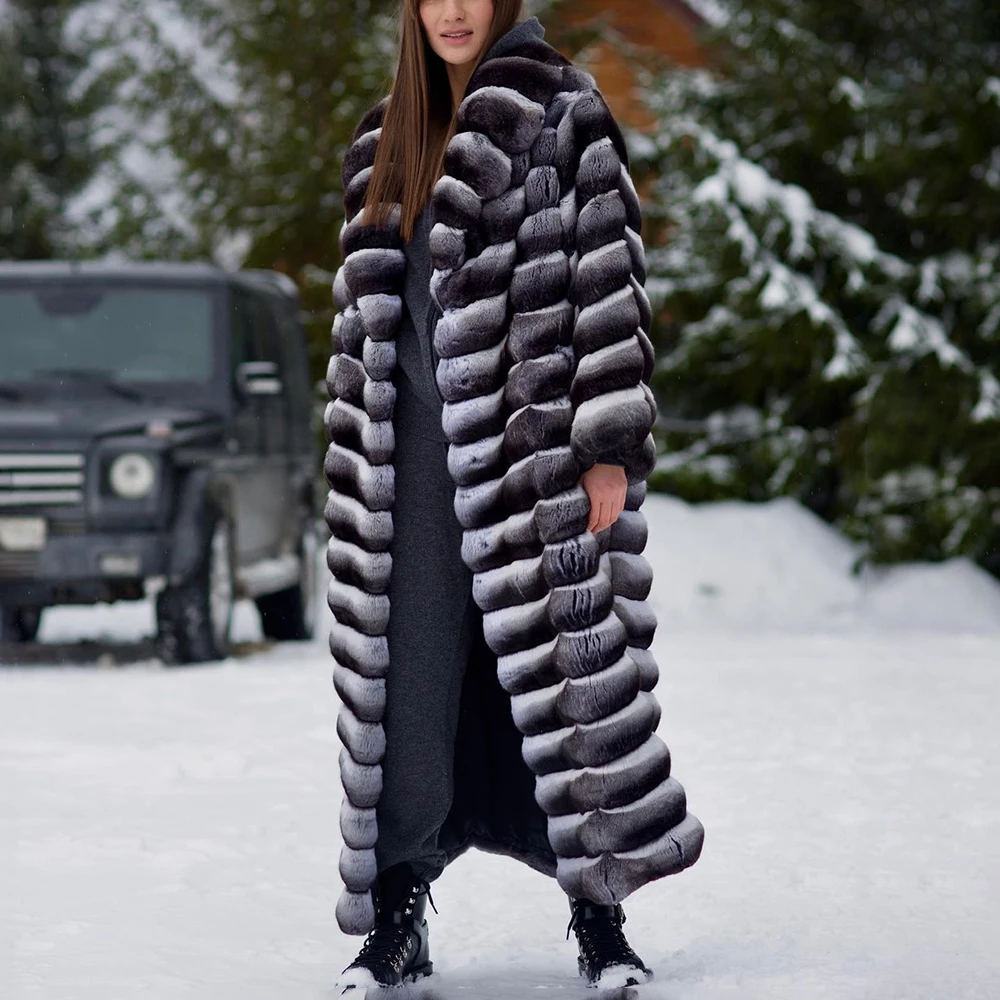 Fashion 110cm Natural Rex Rabbit Fur Coat with Lapel Collar 2022 Winter New Genuine Rex Rabbit Fur Coats Thick Warm Fur Overcoat