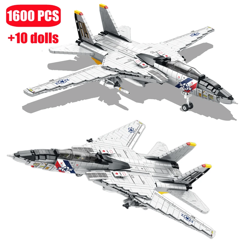 MOC Military Airplane F-14 Tomcat Fighter Model Building Blocks DIY Large Aircraft Bricks Educational Kids Toys Birthday Gifts | Игрушки и