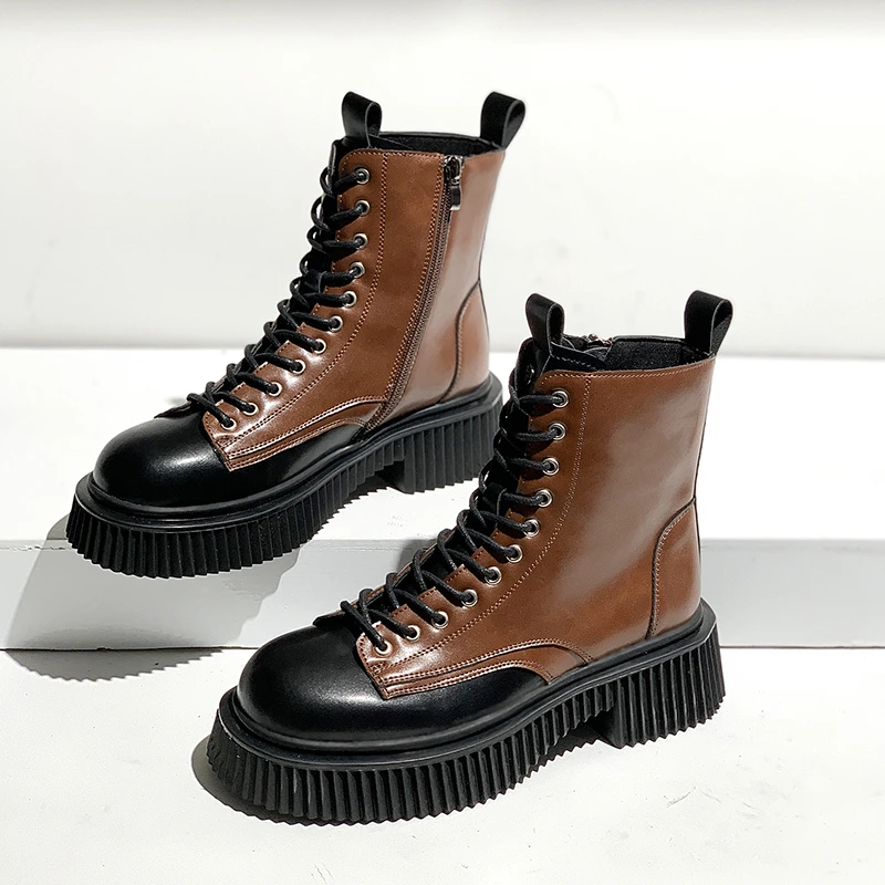 

Women's Punk Gothic Combat Boots 2021 New Leather Brown Black Ankle Motorcycle Boots Women Platform Boots Female Luxury Designer