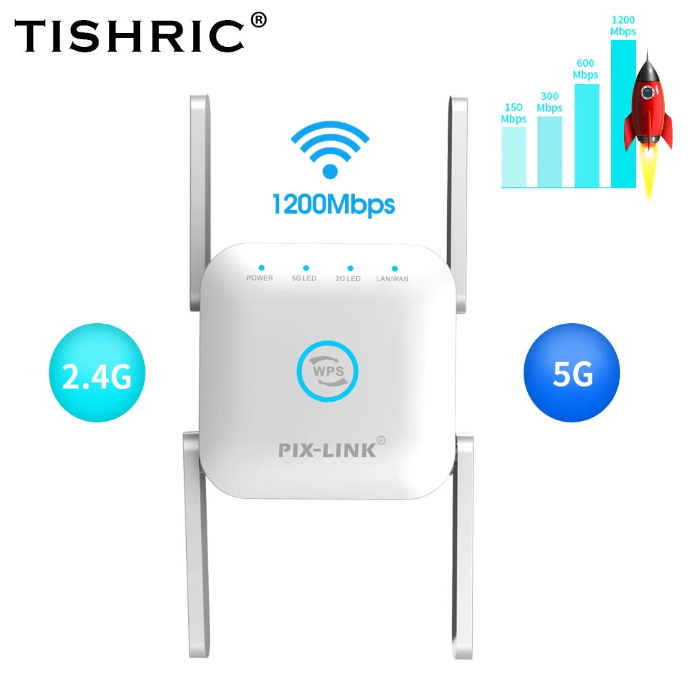 

TISHRIC LV-AC24 2.4G/5G Long Range Repeater Wifi Gigabit Router Wifi Network Extender Signal Amplifier 4 High Gain Antennas