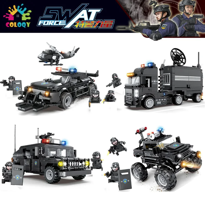 

Kids Tosy Black Pull Back SWAT Car Building Blocks Policeman Helicopter MIni Action Figures Bricks Toys For Boys Christmas Gifts
