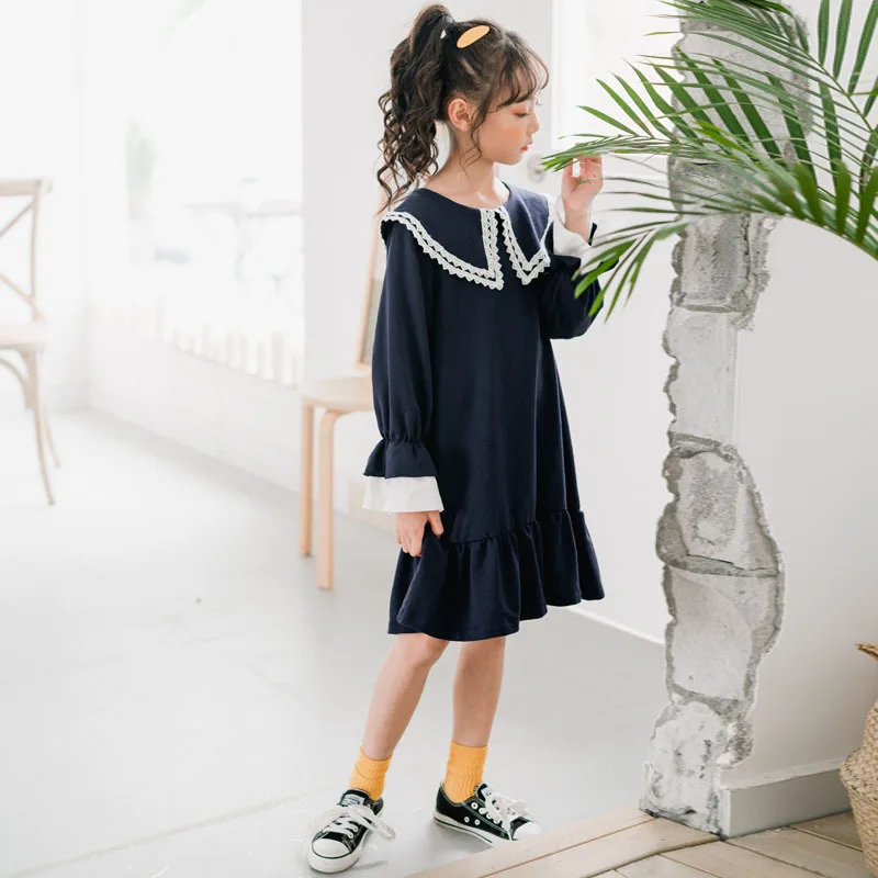 Back To School Clothing 100% Cotton Fall Dress For Girl Petal Sleeve Big Kids Dresses Blue 2019 Autumn Child Fashion | Детская одежда и