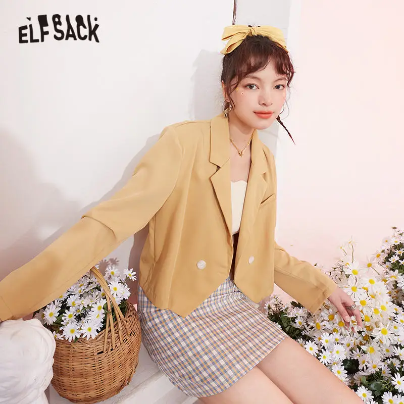 

ELFSACK Solid Single Breasted Korean Blazer Women Jacket,2021 Summer Vintage Minimalist Feminism Ladies Oversize Daily Outwears