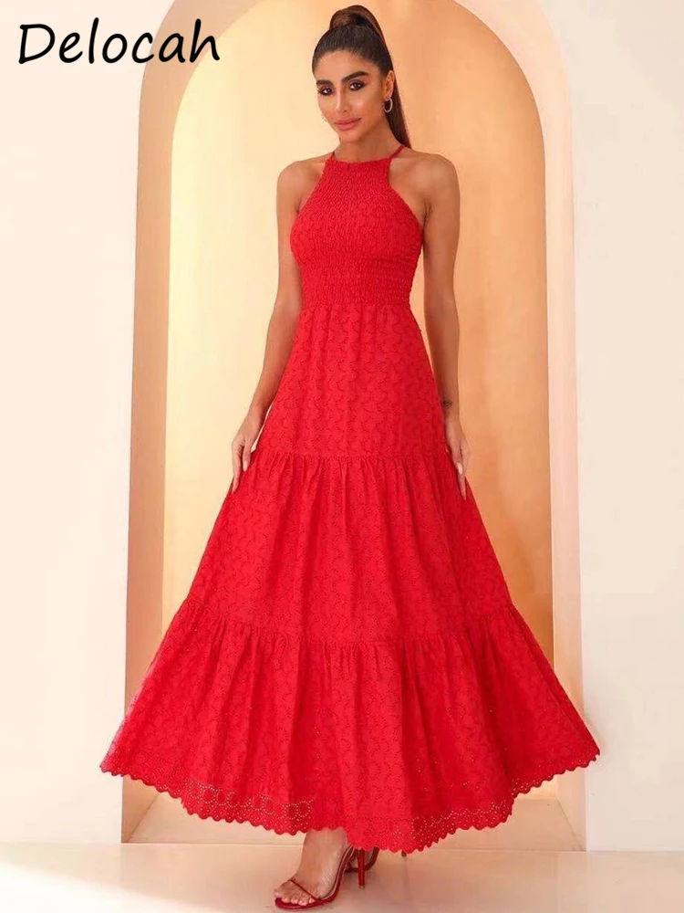 

Delocah High Quality Summer Women Beach Holiday Long Dress Sexy Spaghetti Strap Halter Shirring Ruffles Solid Fashion Dresses