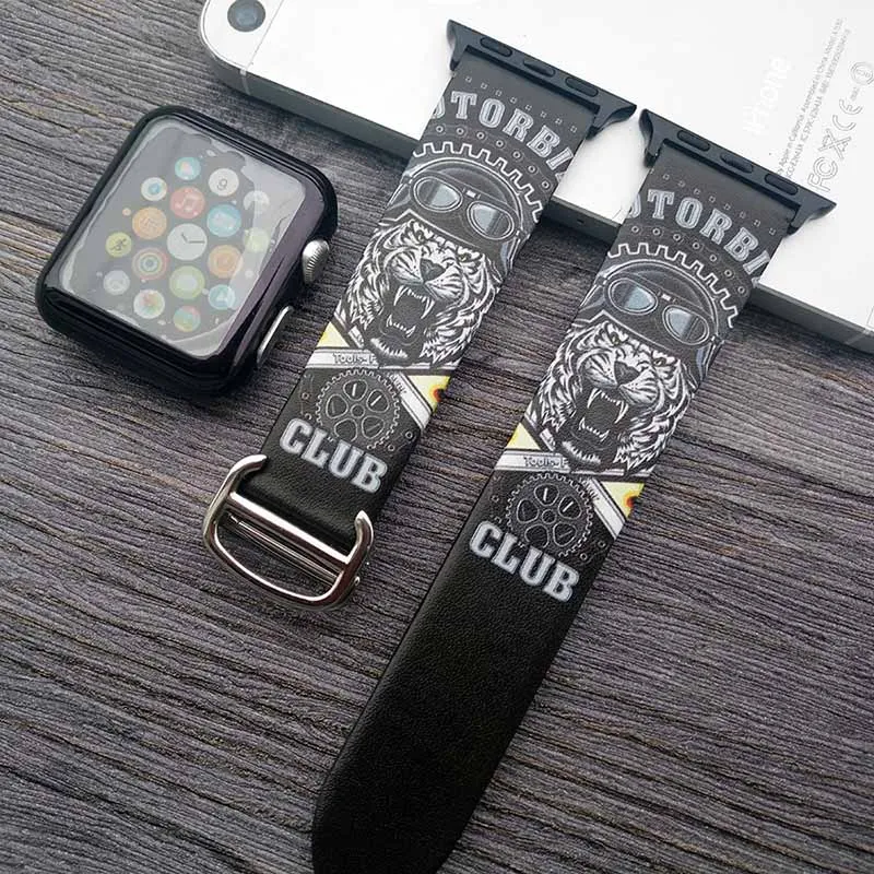 Хип-хоп натуральная кожа ремешок для Apple watch 38 мм 40 мм 42 мм 44 мм Ван Гог арт браслет с принтом ремешок для iwatch серии 5 4 3 2 - Цвет ремешка: B
