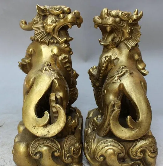 YM 311 9&quot Chinese Brass Dragon Kylin Unicorn PiXiu Zhao Cai Treasure Bowl Statue Pair | Дом и сад