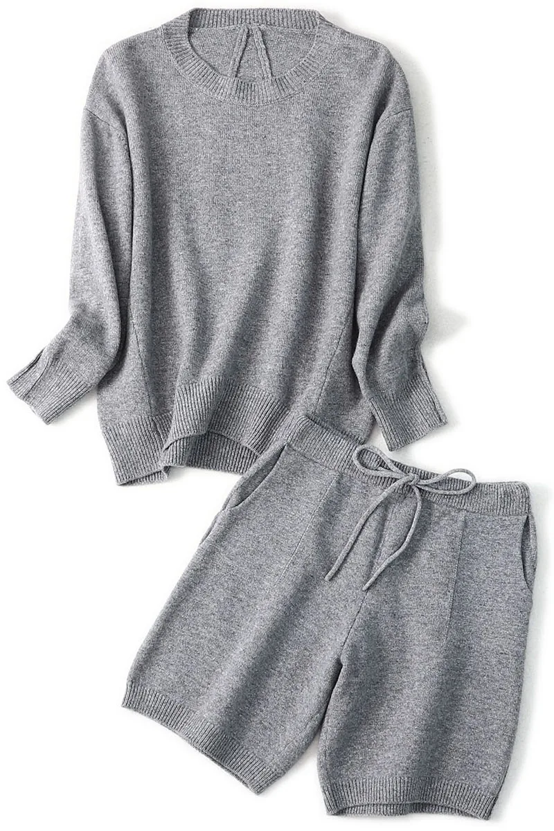 100% wool suit women's round neck loose loose pullover lazy sweater full sleeve knitted cashmere shortssuit  High-end comfort