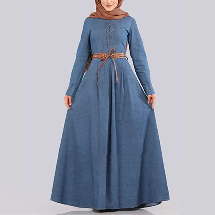 Blue Джинсовое длинное платье Dromiya abaya в Дубае, женское мусульманское платье-кафтан, мусульманское платье-халат, свободное арабское модное платье с длинными рукавами - Цвет: Blue