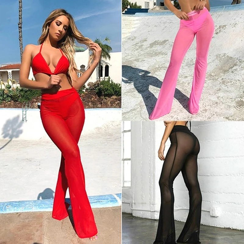 

Sexy Women Beach See-through Mesh High Waist Elastic Sheer Wide Leg Pants Trousers Bikini Cover Up S-XL