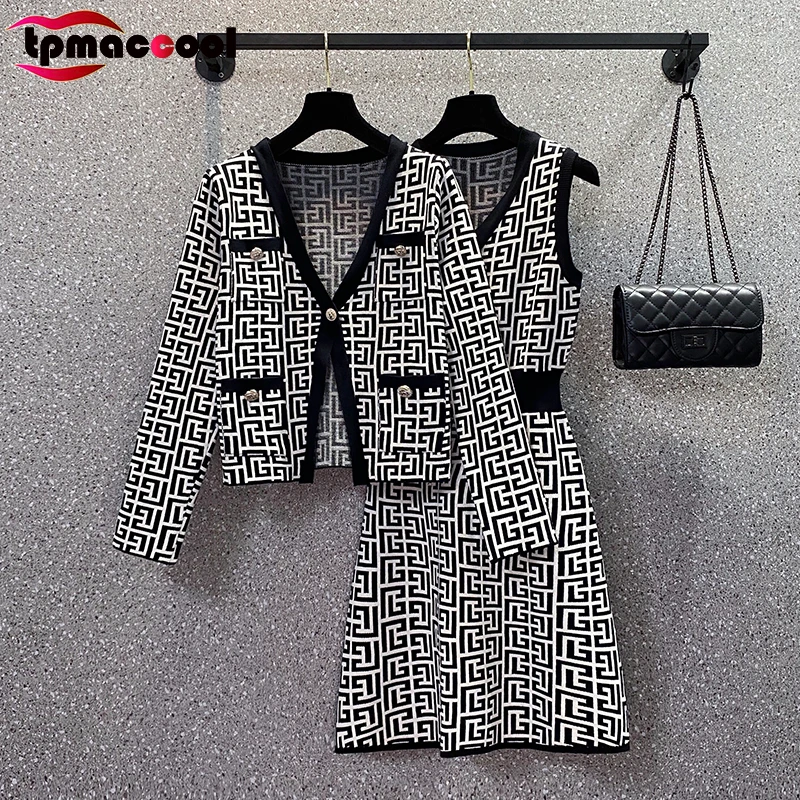 

Two Piece Set Women Autumn Luxury Design Branded Clothing 2021 Long Sleeve V-neck Cardigan wirh V neck match party dress S-4XL