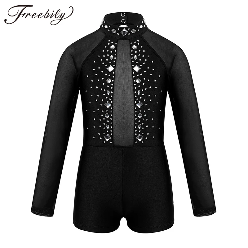 

Kids Girls Long Sleeves Mock Neck Sparkly Rhinestone Tulle Splice Ballet Dance Gymnastics Leotard Unitard Biketard Dancewear