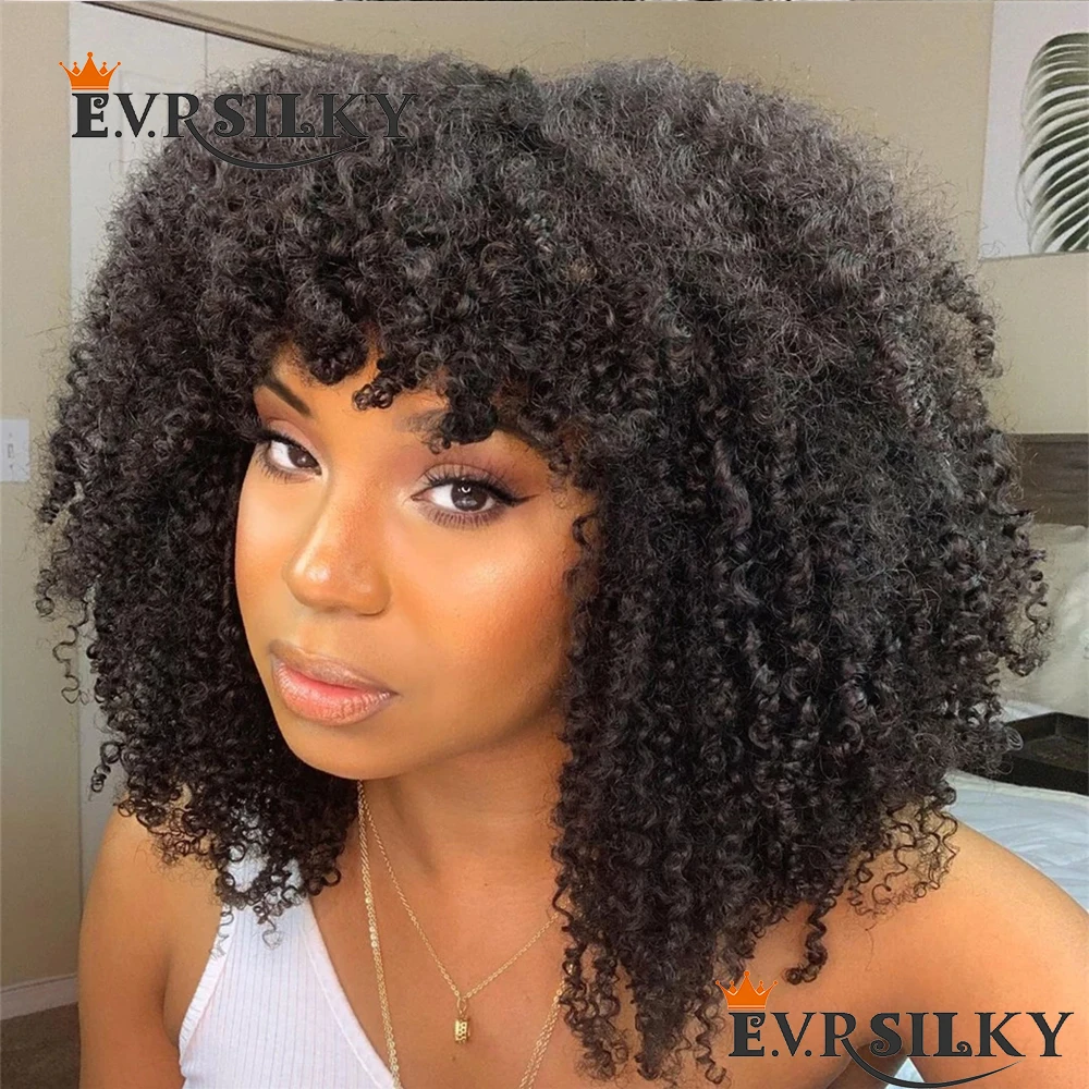 

Afro Kinky Curly Fringe Glueless Full Machine Made Wigs With Bangs 250Density Human Hair Wig For Women Brazilian Remy Hair 4c