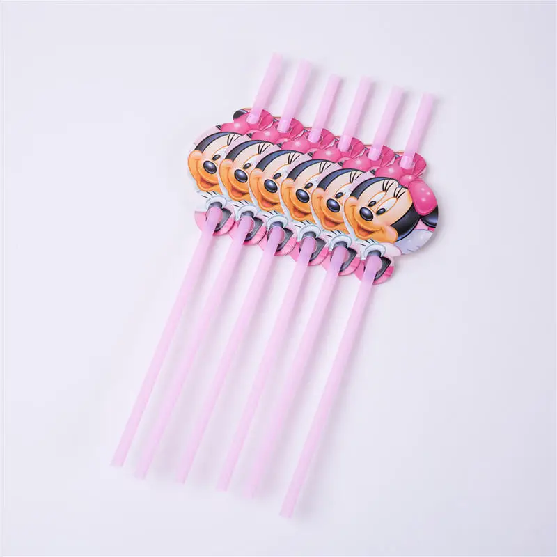 straw 6pcs Вечерние украшения Минни Маус для детей, набор одноразовой посуды, бумажные салфетки, соломинки, тарелки, чашки Минни Маус, вечерние принадлежности - Цвет: straw 6pcs
