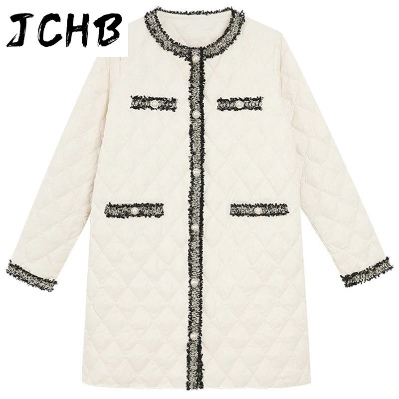 

Winter Woman Padded Coat O Neck Warm Pearl Button Tassel Splicing Coat Ultra Light Long Outwear Female Solid Slim Wadded Jackets