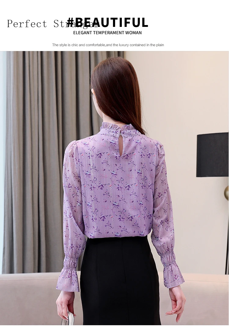 Женская шифоновая блузка с цветочным принтом корейский стиль воротник-стойка