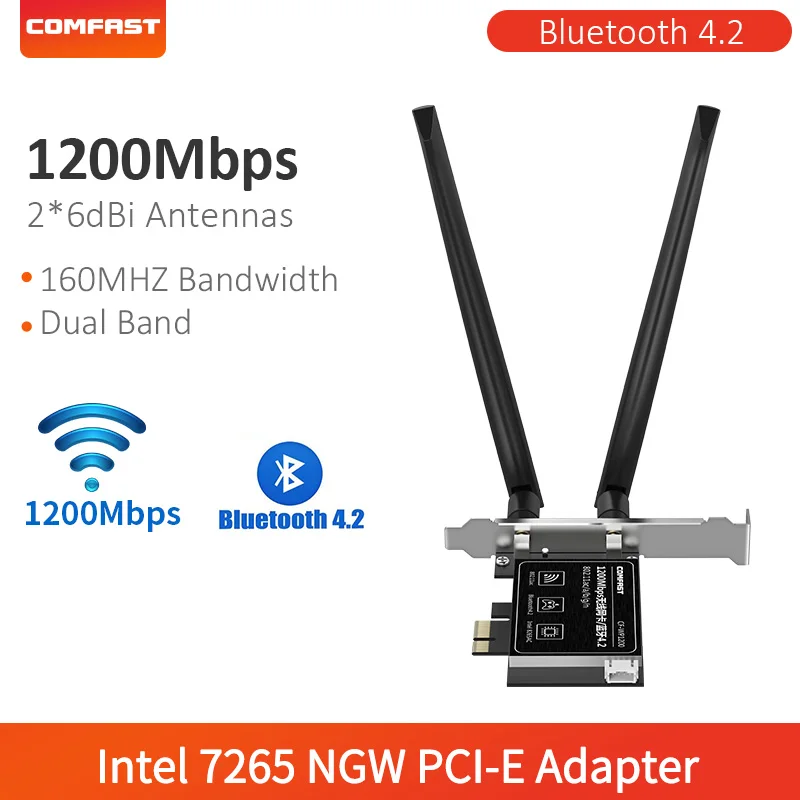 

COMFAST 1200Mbps PCI Express Bluetooth 4.2 WiFi Adapter Dual Band 2.4G/5GHz 802.11AC Intel 7265AC PCIe Wireless Network Card