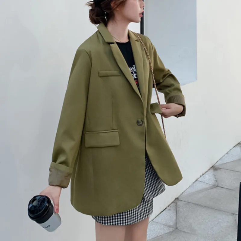 

2020 Autumn Fashion Women Blazer Coat Green Full Sleeve Lapel Collar Office Lady Loose Slim Thin Wild Solid Jacket C377