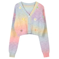l5ya women sweater cardigan sweet 3d flower embroidered long sleeve jacket harajuku gradient rainbow cable knit cropped coat