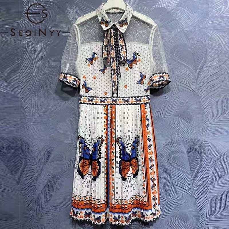 

Женское винтажное Сетчатое платье SEQINYY, элегантное Плиссированное подиумное платье в стиле пэчворк с бусинами, кристаллами и бабочками, лет...